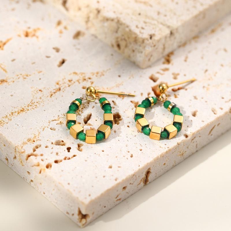 Natural Stone Beaded Spacer Square Dice Stud Earrings Titanium Steel Plated Real Gold Women'S French Retro Stainless Steel Earrings