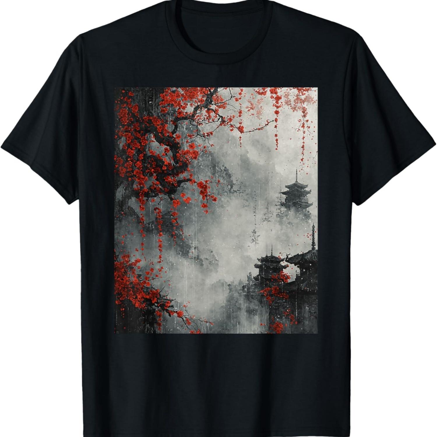 Vintage Cherry Blossom Woodblock  Mist Art T-Shirt S чёрный