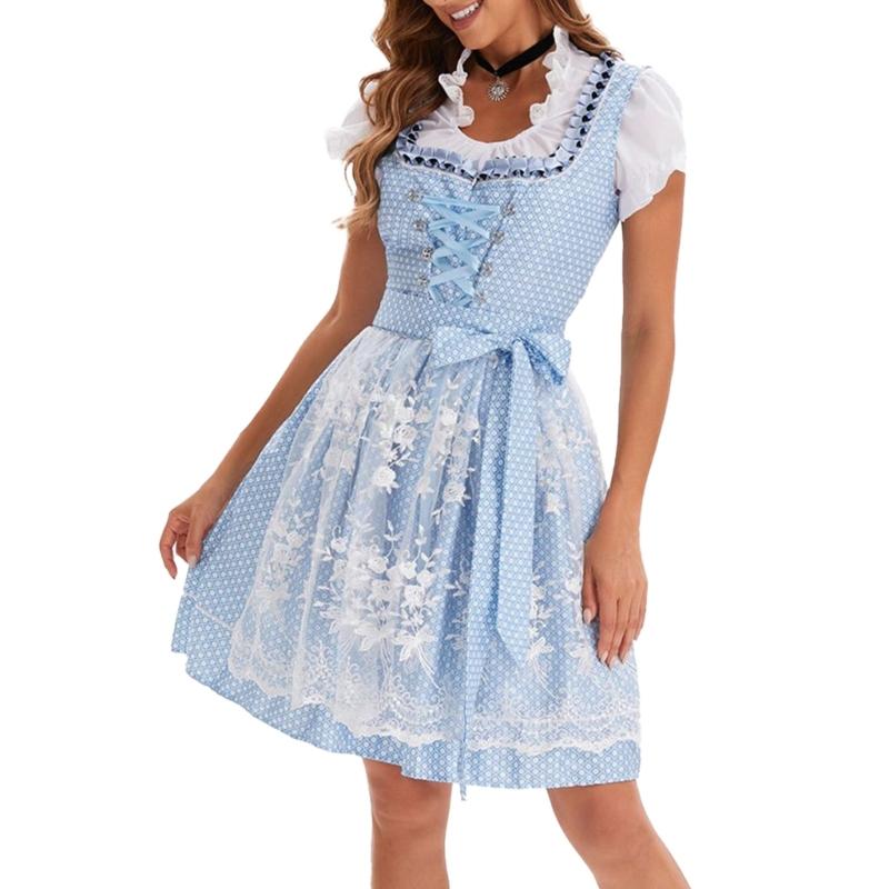 German Bavarian Oktoberfest Costume Set,Halloween Beer Costume Dirndl Dresses Blouse Apron Bows Ribbon for Adult Women