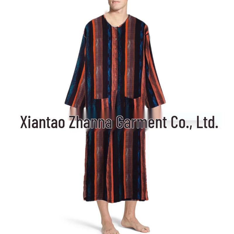 Men's Striped Muslim Long Robe Jumpsuit Tang Suit with Stand-up Collar