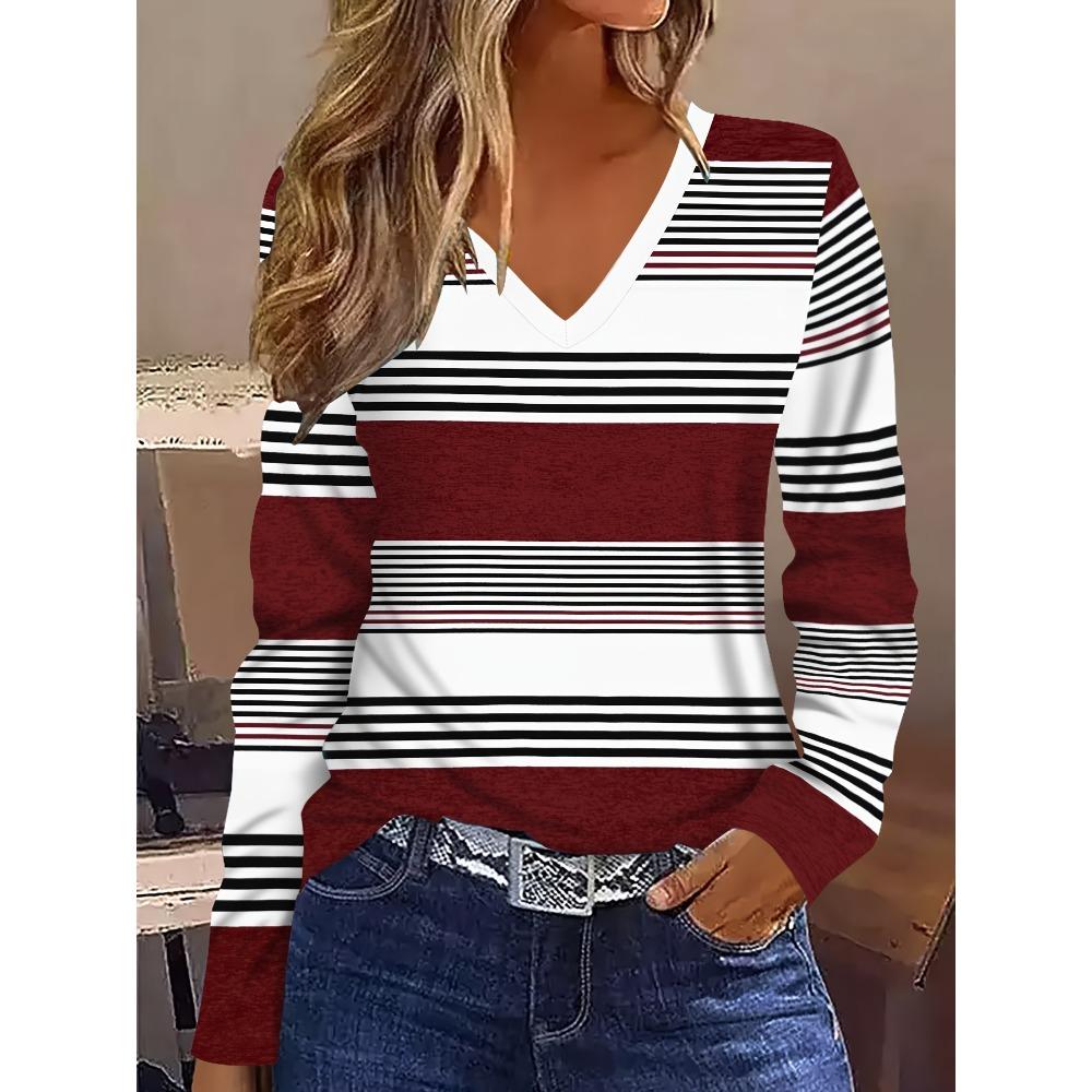 Ladies' Elegant Casual Long Sleeve T-shirt - V-neck Contrast Stripe 3D Pattern Print