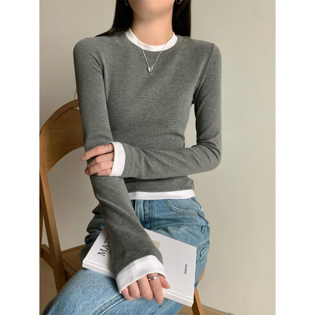 Design Sense Tricouri cu mânecă lungă slim fit două piese false pentru femei, toamnă gât rotund pulover versatil