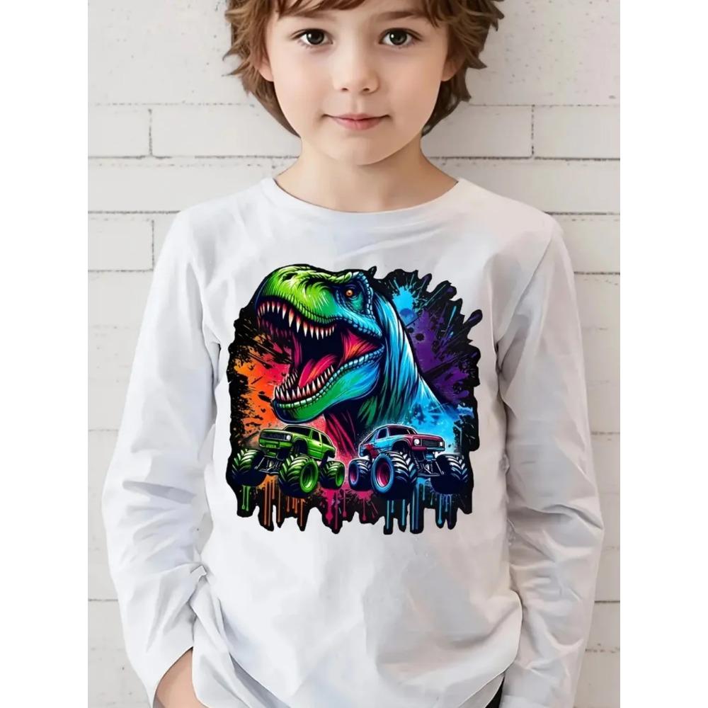 Spring and Autumn Round Neck Funny Cartoon Dinosaurs Pattern 3D Printed Top Fashionable Casual Long Sleeved Children's Boy T-shirts