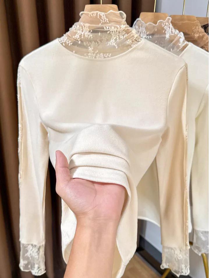 Women's Slim-Fit Brushed Lace Turtleneck Base Layer - Warm Autumn/Winter Inner Shirt