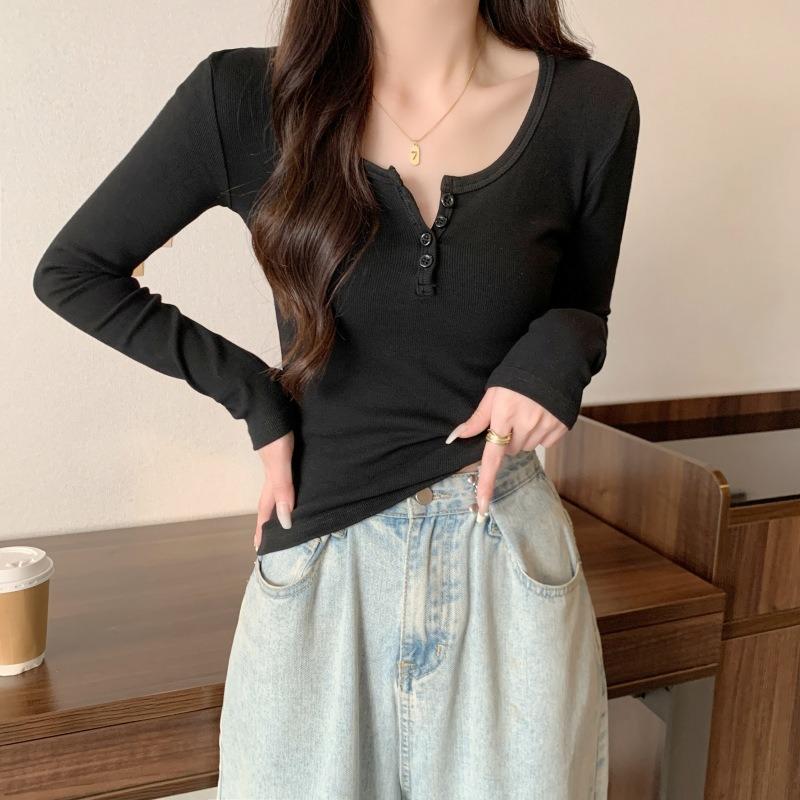 Simple solid color U-neck button slim-fitting long-sleeved T-shirt spring femininity