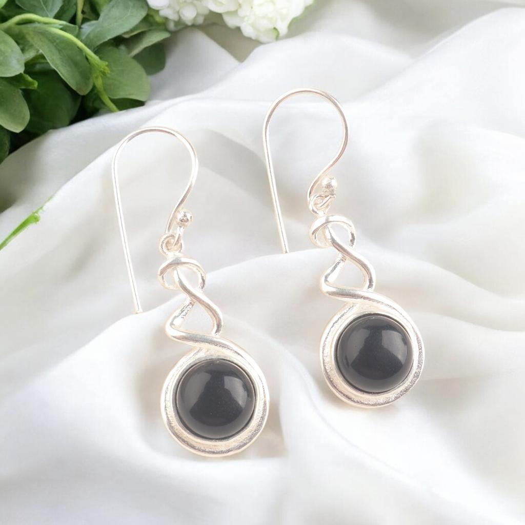 Vintage Black Tourmaline  925 Stamped Silver Hoop Earrings, Wedding Earrings CE-14-24