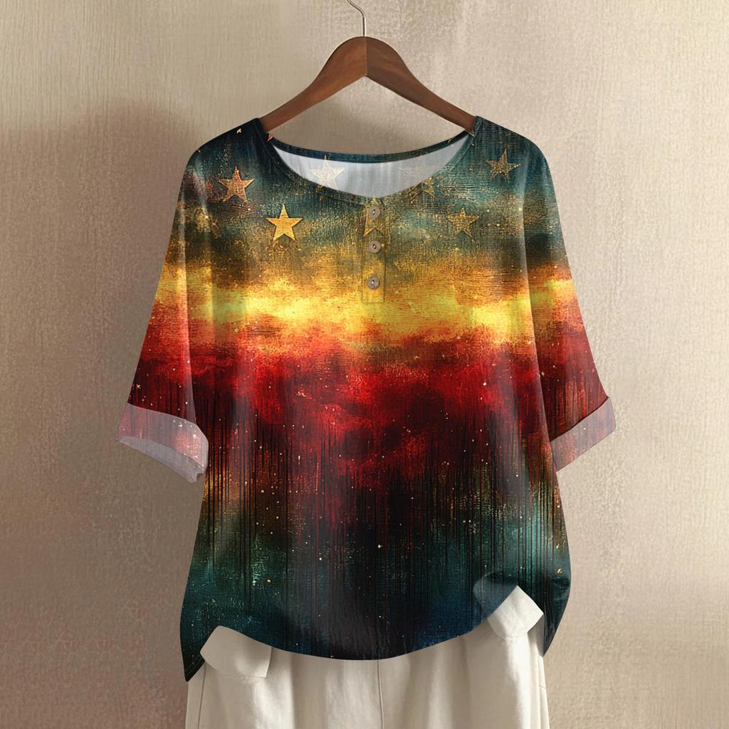 Women's Fashionable And Casual Shirt Half-sleeve Round Neck Print Cotton And Linen Blouse Top