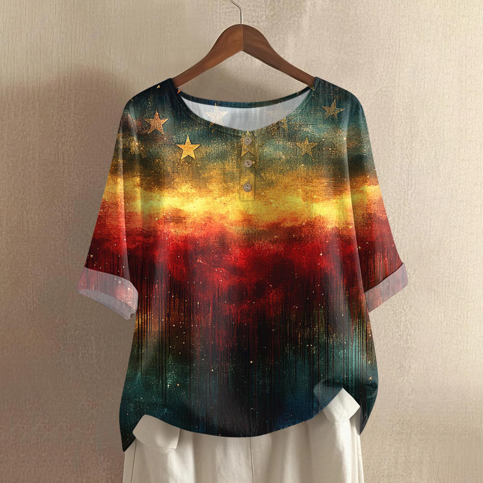 

Women’s Loose Fit Round Neck Half Sleeve Top with Flag and Star Print Casual Blouse for Daily Wear Comfortable Style XL жовтий