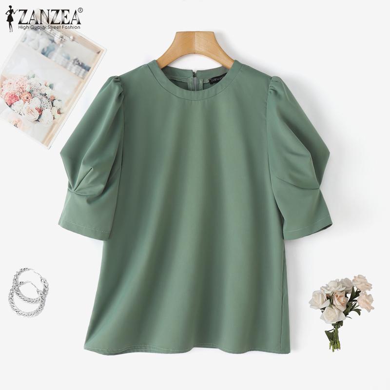 ZANZEA Women Casual Round Neck Loose Summer Short Sleeve Blouse