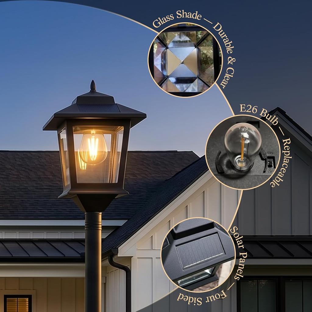 PASAMIC Lampadaires Solaires Extérieurs, Lot de 2 Lampadaires Solaires 63" Imperméables avec 1 Ampoule Remplaçable, Lumière Blanche Chaude Crépuscule à l'Aube pour Jardin,