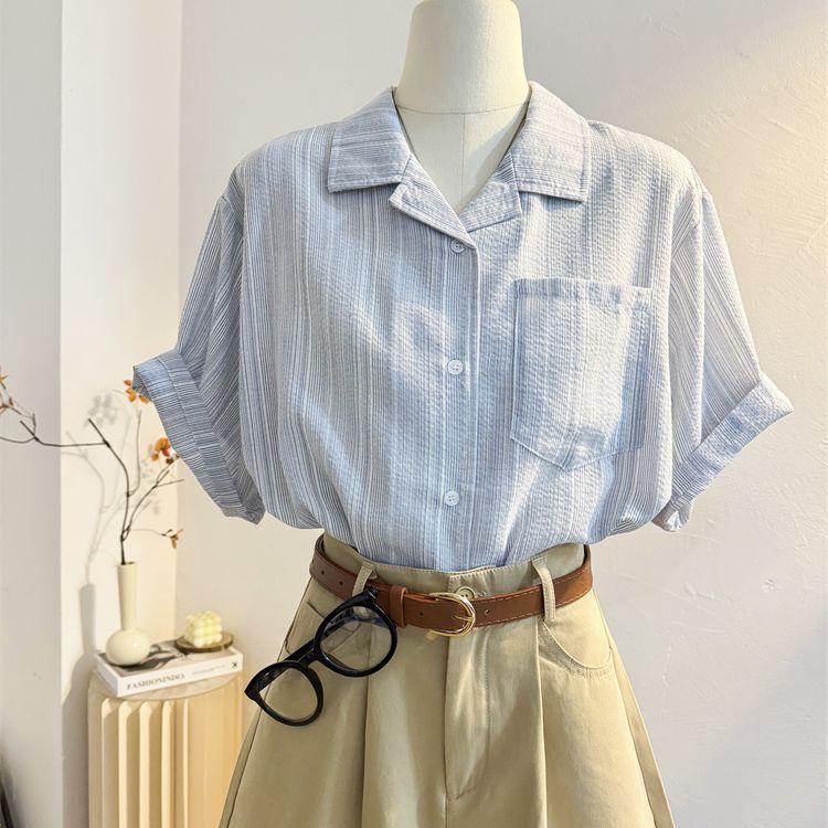 

Летняя полосатая повседневная рубашка винтажного французского дизайна, свободного кроя, с коротким рукавом XL синий