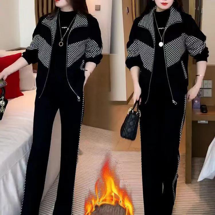 Velvet Plaid Patchwork Women's Suit: Trendy Fall/Winter Age-Reducing Two-Piece Set
