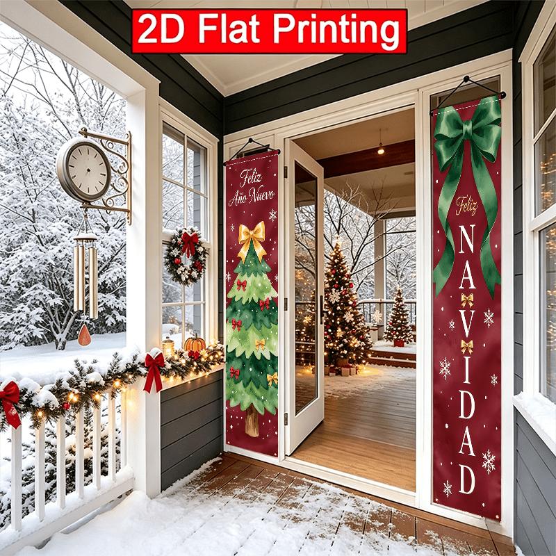 2D Flat - 2pcs 2D Flat Spanish Christmas Theme, 30.48X179.83 cm Polyester Door Couplets, Retro Wine Red Watercolor Base Design, Suitable for Christmas