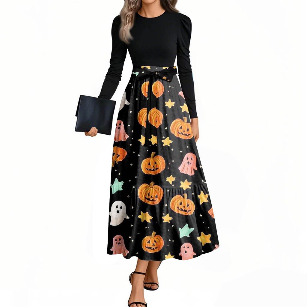 Women's Fashion Casual Belted Long Sleeve Round Neck Halloween Printed Elegant Temperament Dresses