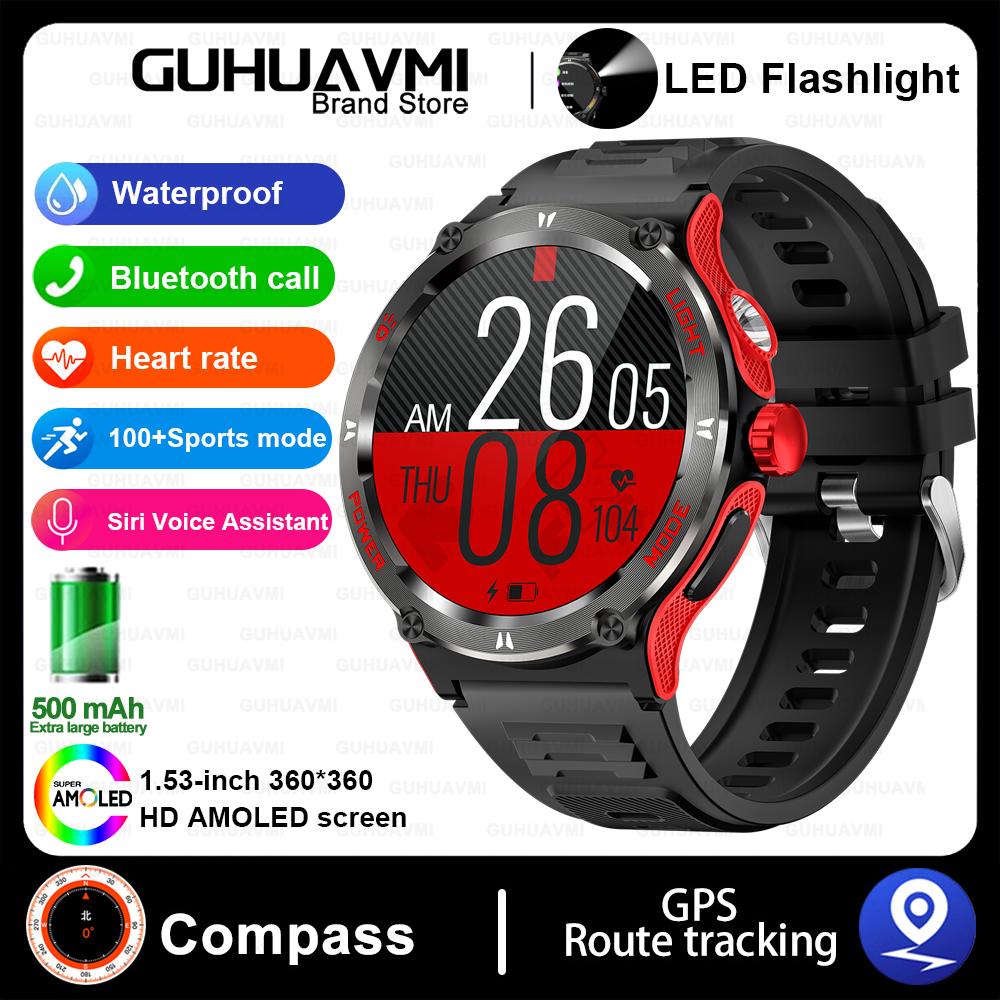 Outdoor Military Smart Watch Men LED Strong Light AMOLED Screen Heart Rate Compass Bluetooth Call 3ATM Waterproof Smartwatch