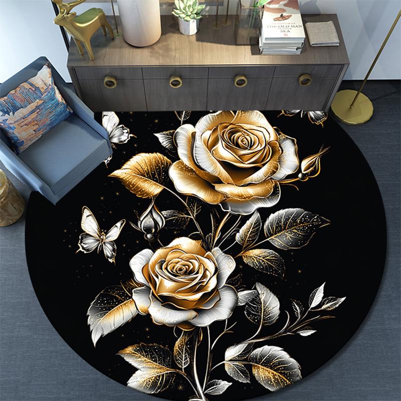 Golden Roses and Butterflies Round Area Rug,Carpet Rug for Living Room Bedroom Sofa Playroom Decor,Non-slip Floor Mat