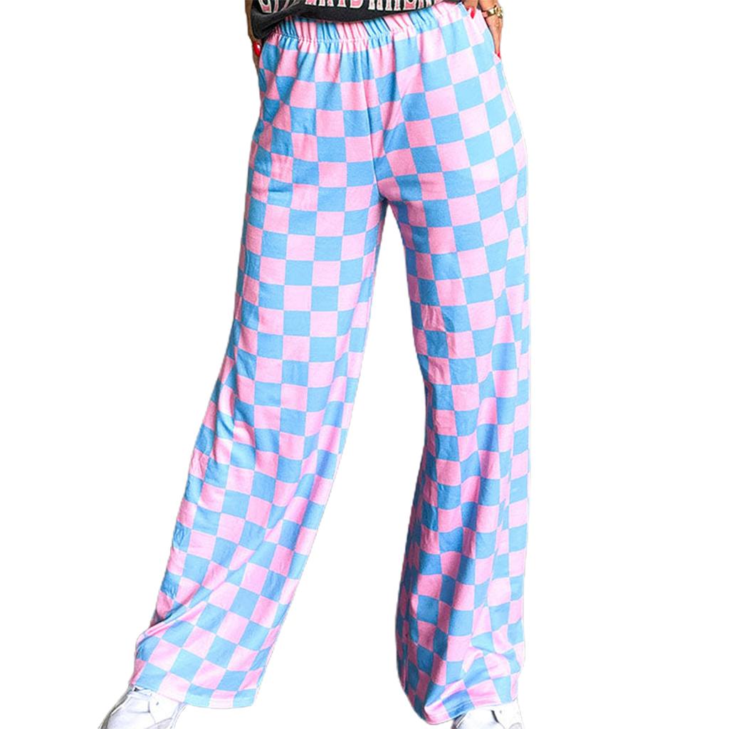 Women Wide-Leg Pants Checkerboard Elastic Waist Loose Trousers Spring Summer Casual Sweatpants Bottoms