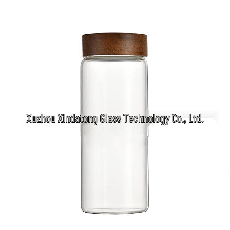 Acacia Wood Lid Borosilicate Glass Canister for Tea, Agarwood Bracelet Display, or Medicine Powder Storage.