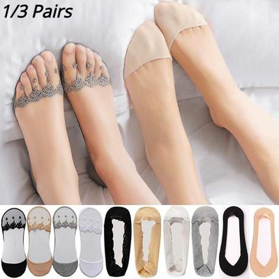 1/3 pares de verão feminino meias de silicone invisíveis verão baixo corte forro tornozelo meias senhoras rendas flor macio casual sem mostrar meias de barco antiderrapante
