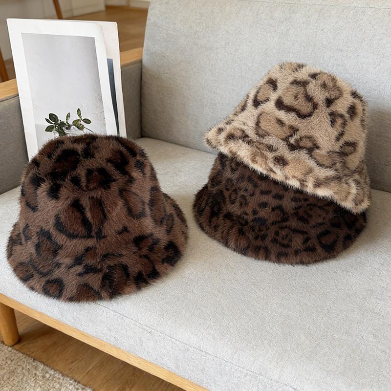 Fluffy Leopard Print Bucket Hat Thick Warm Ear Flap Fashionable Versatile Hat