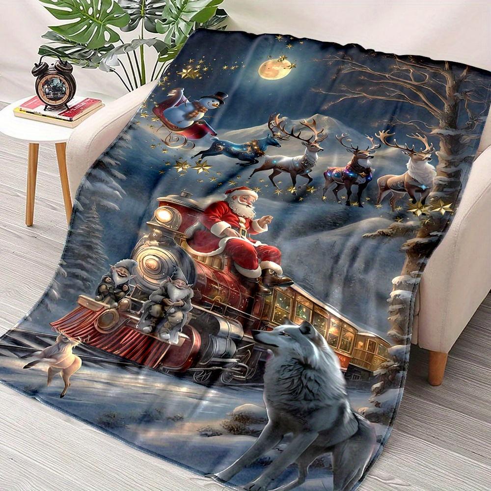 Cozy Flannel Christmas Blanket with Santa & Reindeer Print Train Scene - Soft, Warm, Reversible Throw for Sofa, Bed, Camping