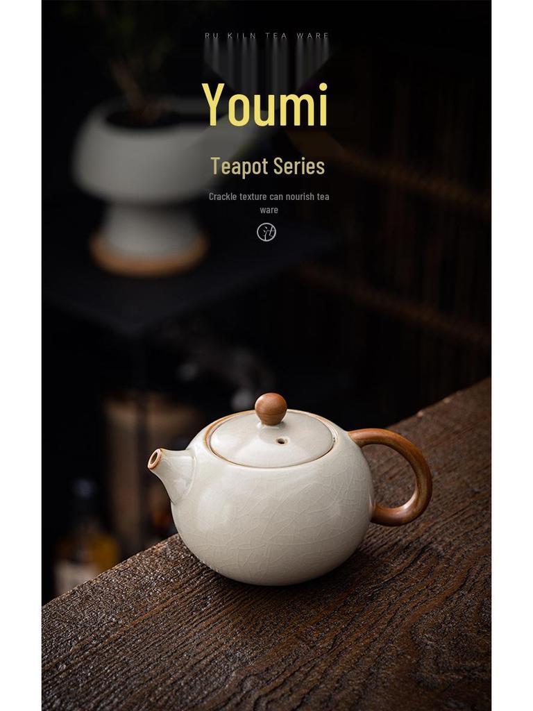 Small Beige Crackle Glaze Ru Ware Xishi Teapot – Ceramic Kung Fu Tea Infuser Set