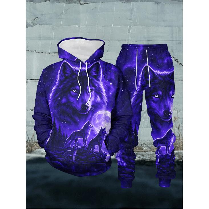 Trendy Men S Purple Wolf Style Set, Luminous Wolf Pc 3D Printed Men S Casual Hooded Sweatshirt 2pcs Set S