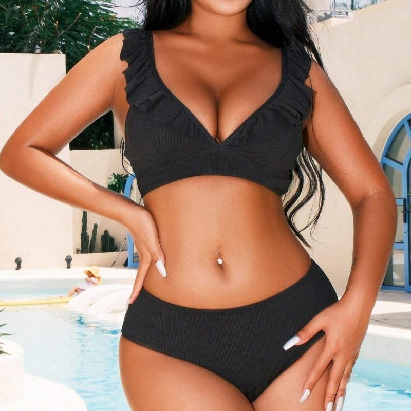 New swimsuit striped high waist V-neck ruffle bikini swimsuit women's bikin
