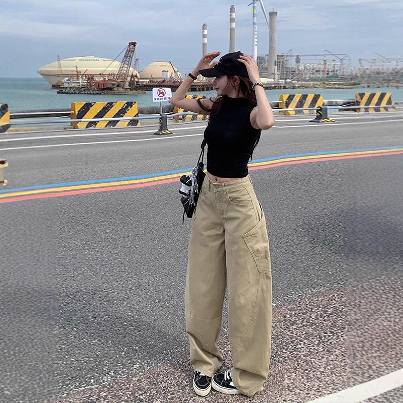 Winter 2025 Khaki Wide-Leg High-Waist Jeans with Big Pockets for Women