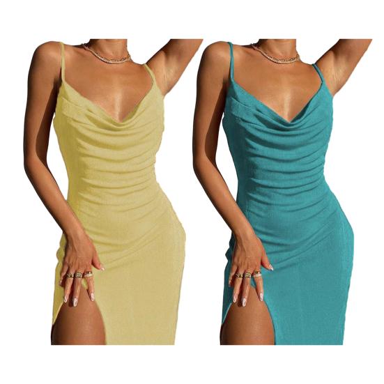 Dámské šaty na ramínka s výstřihem do V, bez rukávů, slim fit, plážové šaty, jednobarevné, lesklý povrch, midi šaty, pro každodenní nošení