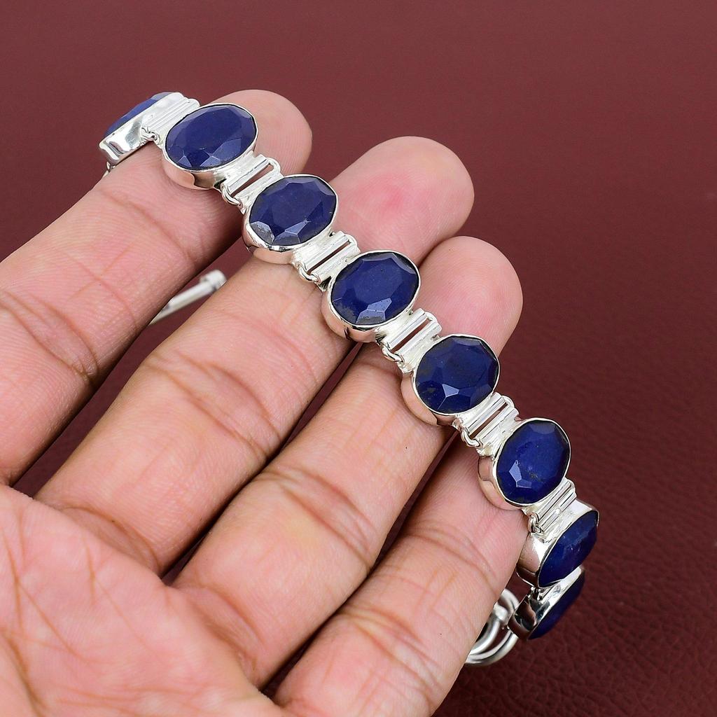 Faceted Blue Sapphire Bracelet Dainty Jewelry 925 Sterling Silver Bracelet Gemstone Handmade Jewelry Adjustable Chain Bracelet Gift For Wife