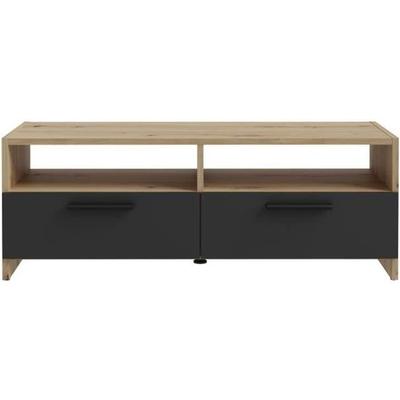 PILVI TV Cabinet - Contemporary Style - Oak and Black Decor - 2 Flaps + 2 Niches - L 95 X D 36 X H 34.5 Cm