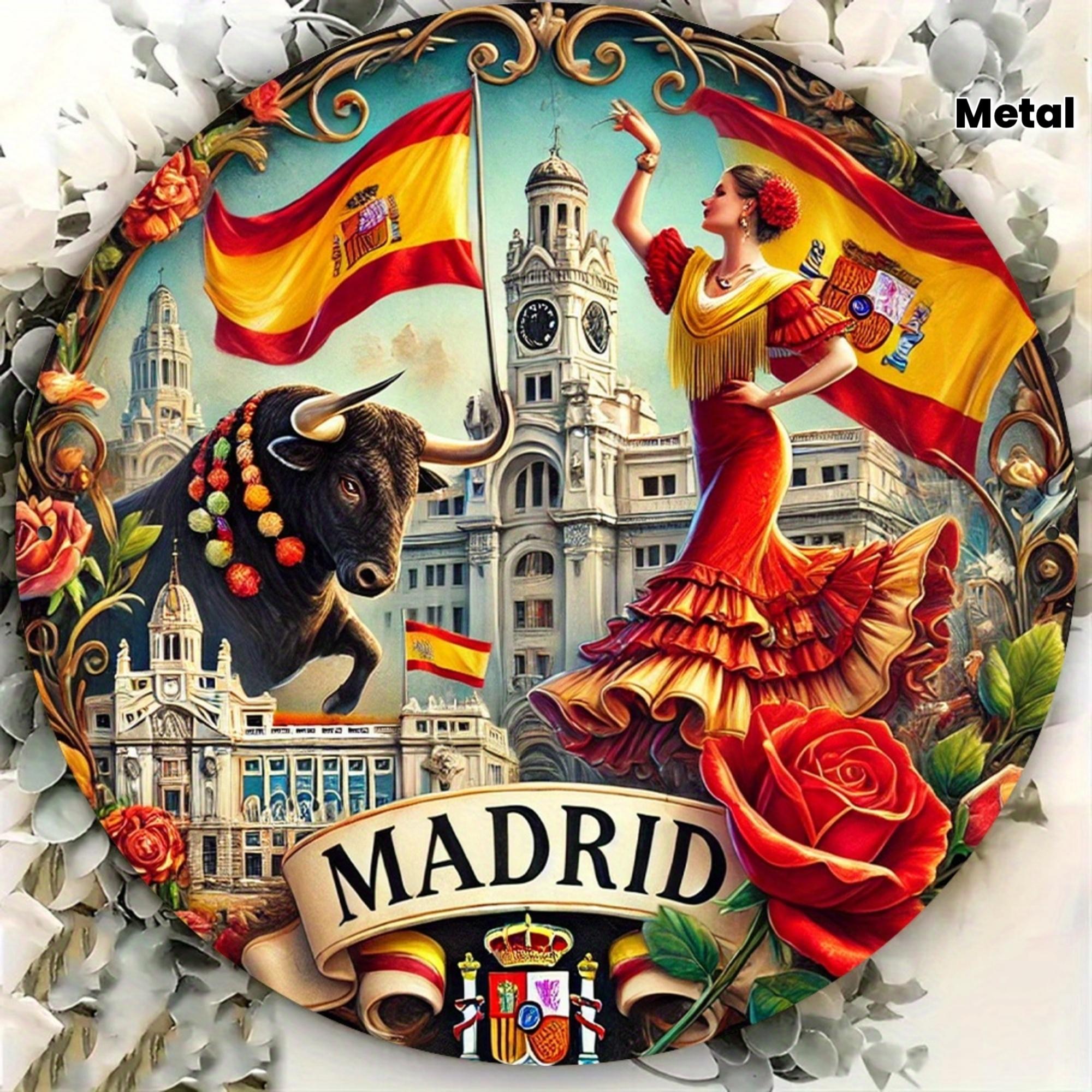 

D Flat Madrid Spain Round Metal Tin Sign Vintage Flamenco Dancer Bull Spanish Flag Wall Decor Retro Madrid Cityscape Travel 20x20cm(8x8inch)