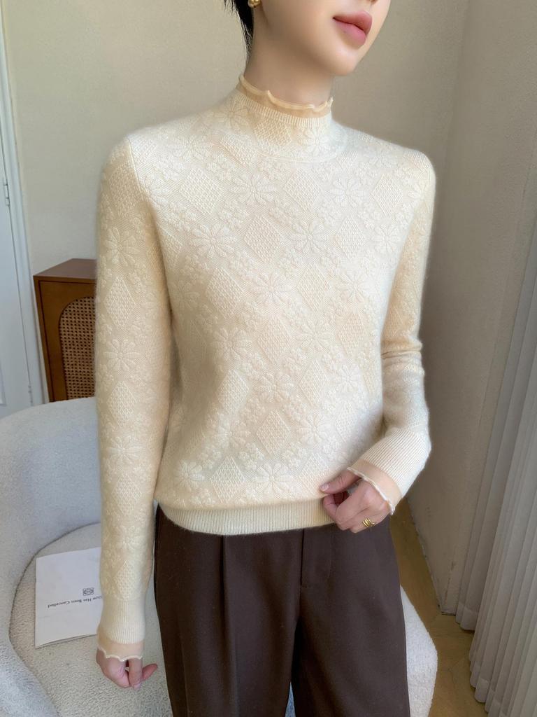 High-End Women's Cashmere Knit Lace Top - Long Sleeve, Half High Collar, Mesh Base Layer for Spring & Autumn
