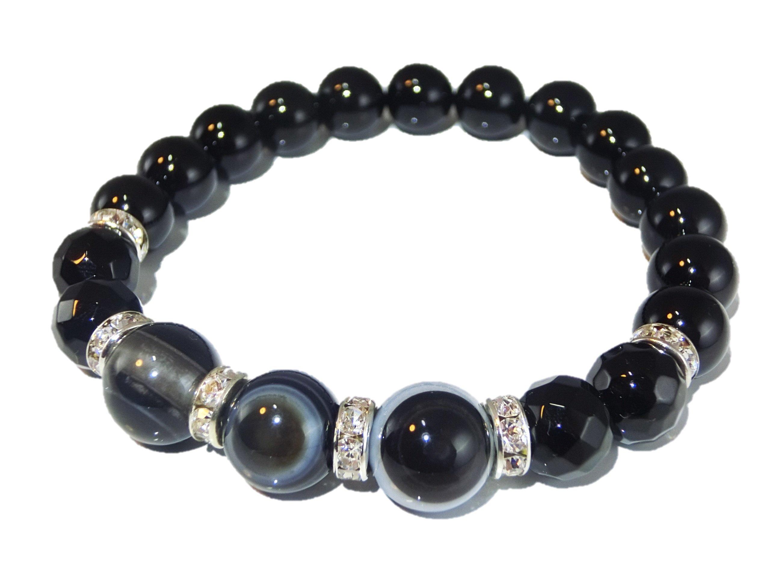 

Потужний Захист від Ока Онікс Браслет з Каменю Сили для Натурального AAA Також Набір для Очищення з Галькою та Кварцом Розмір 18см Злого Бога (Титани чорний