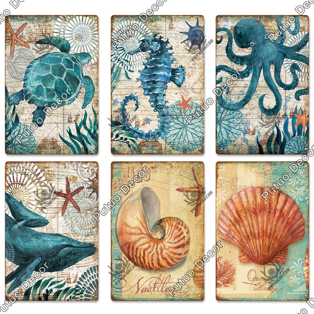 Decor Marine Animals Tin Sign Vintage Plaque Metal Wall Retro Posters for Beach Bar House Decorative Art Iron Painting