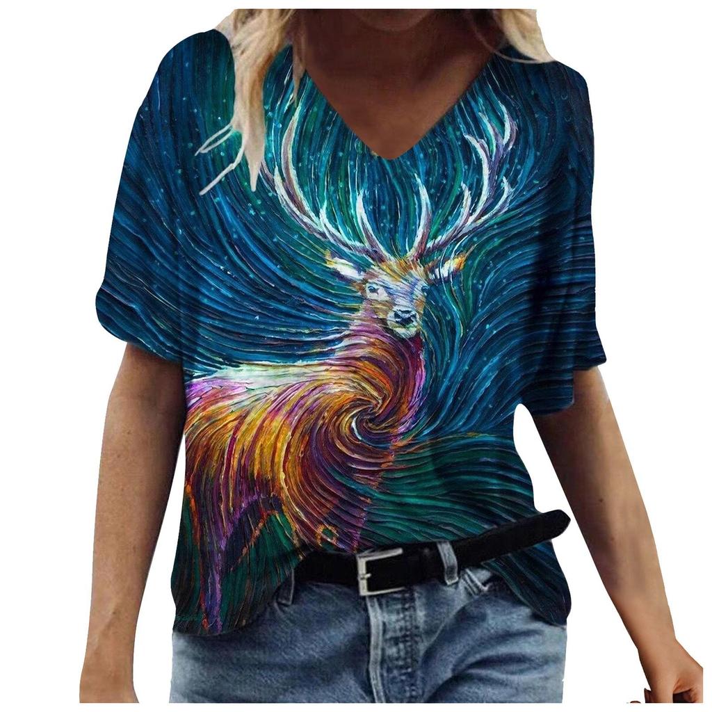 Fashion Women's Summer Printed Short Sleeve V-Neck T-Shirt Casual Tee Tops