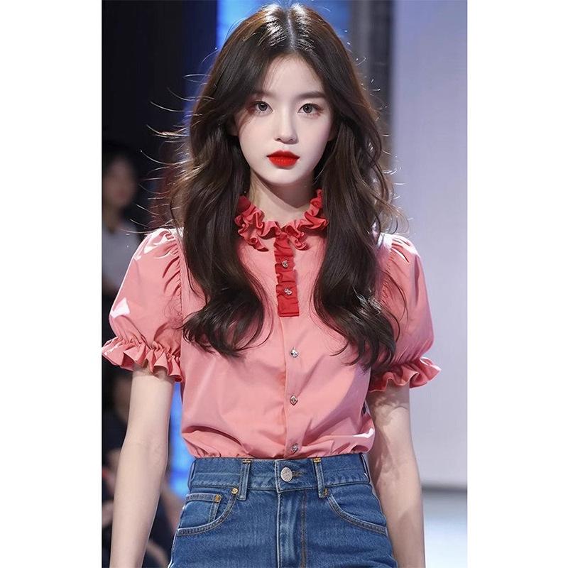 

2024 Модные шикарные женские розовые рубашки с коротким рукавом S розовый