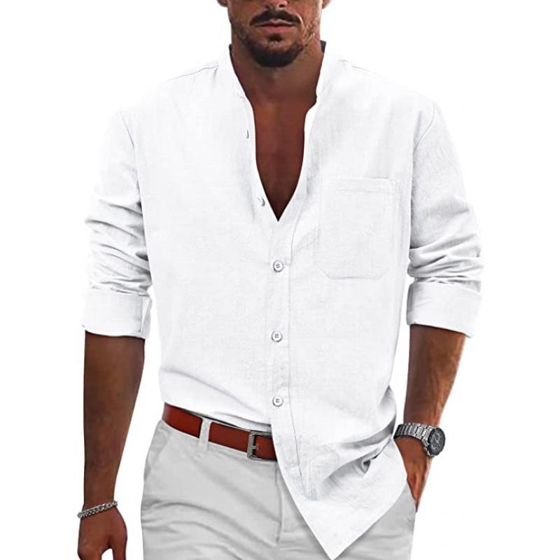 Men Latest Popular Casual Button-Up Long-Sleeve Cotton-Linen Shirt Beach Shirt Casual Shirt