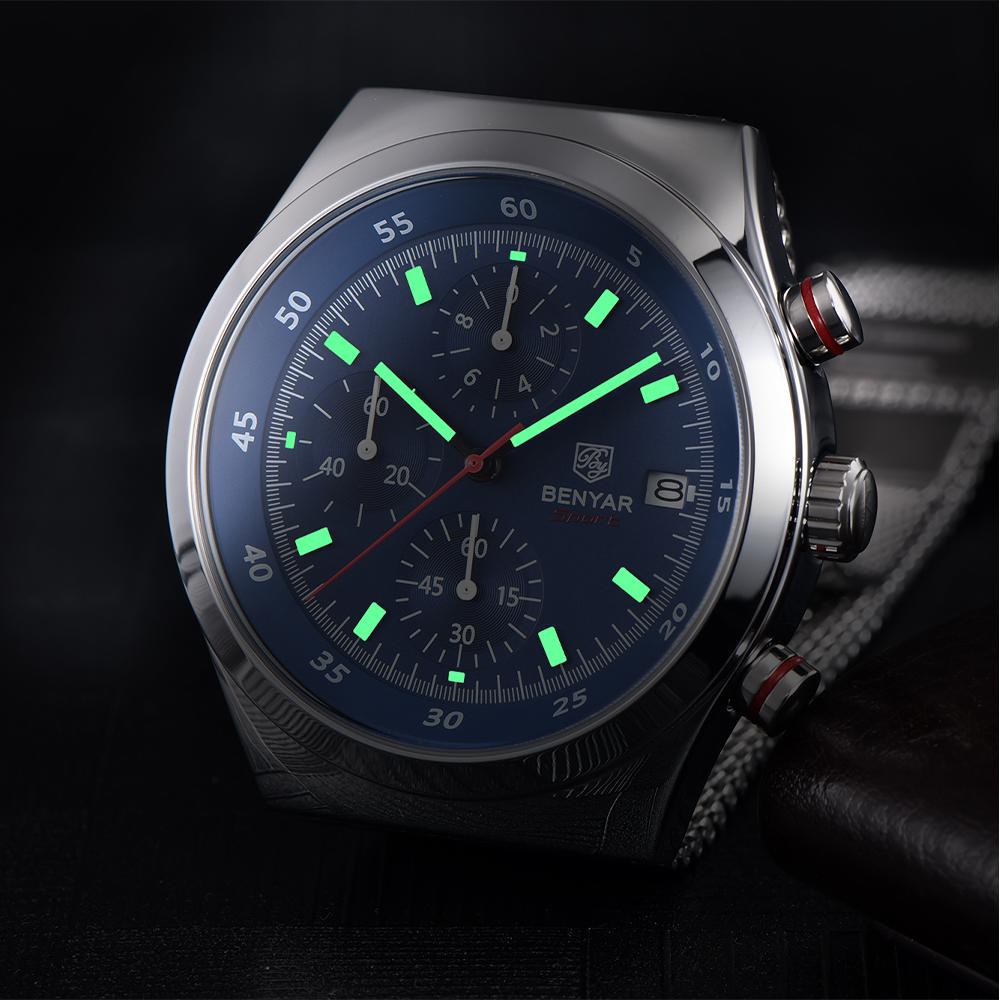 BENYAR 5200 Men's Multi Functional Timing Quartz Watch Calendar Night Light Waterproof Stainless Steel Watches for Man
