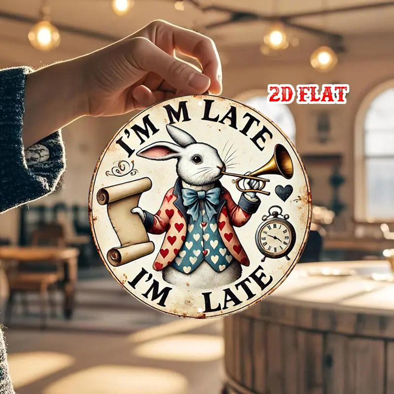 D Flat Pc White Rabbit Round Aluminum Sign Vintage Metal Tin Sign Clock XRound Aluminum Sign Trumpet Metal Wall