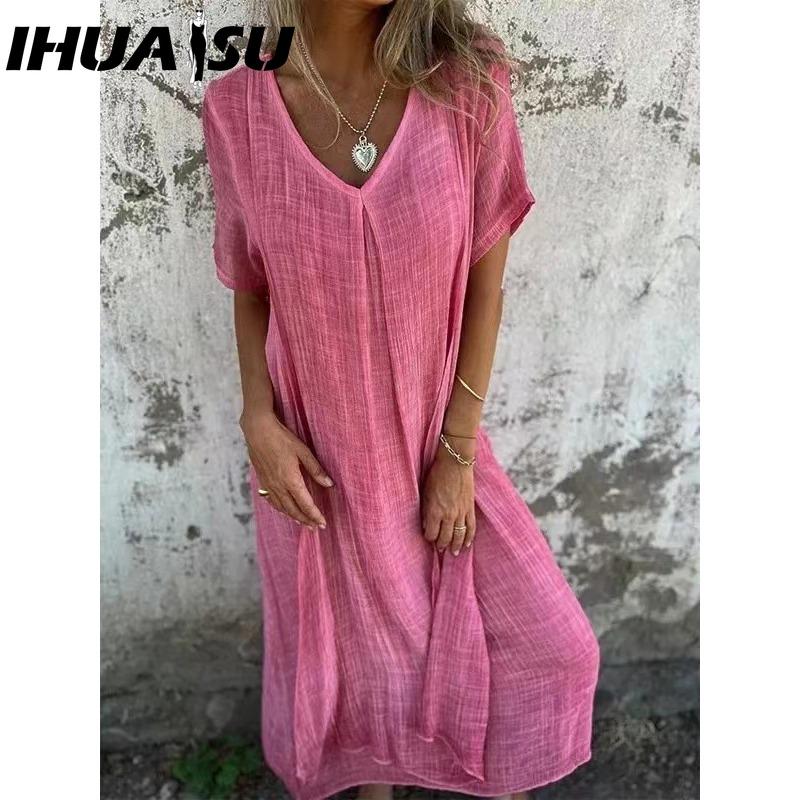

IHUASU Женская мода Лето Весна Однотонный принт Короткий рукав V-образный вырез Завышенная талия Повседневные платья XXXL розовый