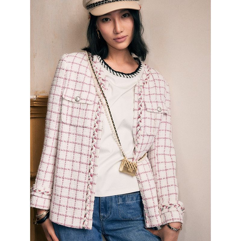 

Blacknini Yin WAF/Afternoon Tea Break British Import Fabric Tweed Mid Length Long Length Pink Plaid Outwear Pink L