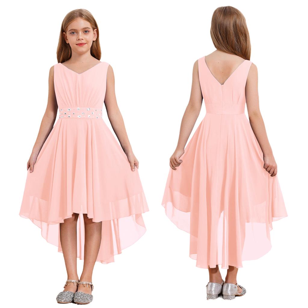 Kids Big Girl Sleeveless Pleated Chiffon Flower Wedding Bridesmaid Formal Party Dress First Communion Dress