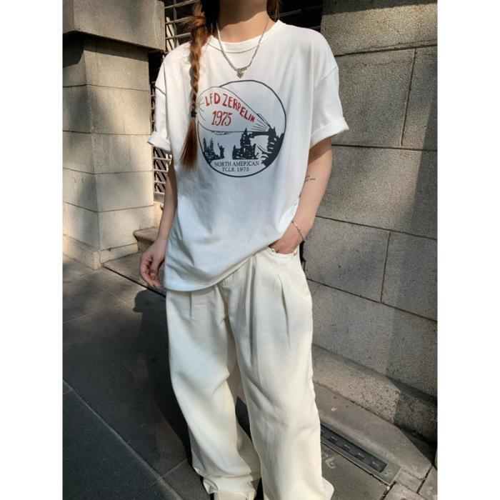 

Хлопковая универсальная свободная футболка с коротким рукавом 2025 ранняя весна модный принт с буквами круглый вырез повседневный топ женский S