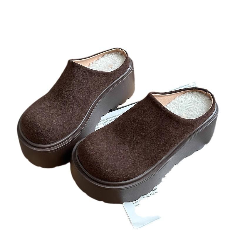 Mote Dame varme bomullsmules, retro tykksålede høyhælte tøfler, slip-ons med lukket tå, komfortable utendørs latmans-tøfler