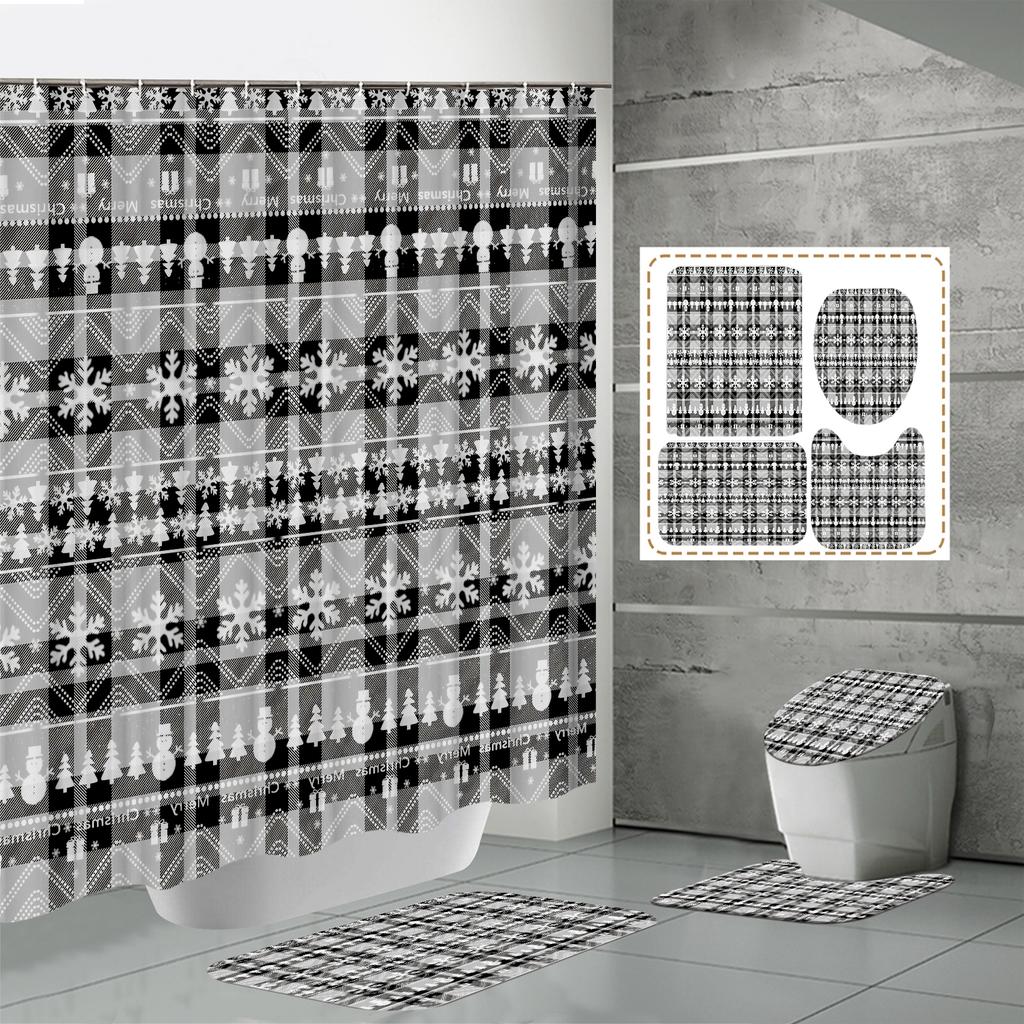 4PCS  Shower Curtain Sets With Shower Curtain And Rugs Toilet Lid Rug U Shape Mat And Bath Mat Bathroom Set  With 12 Hooks