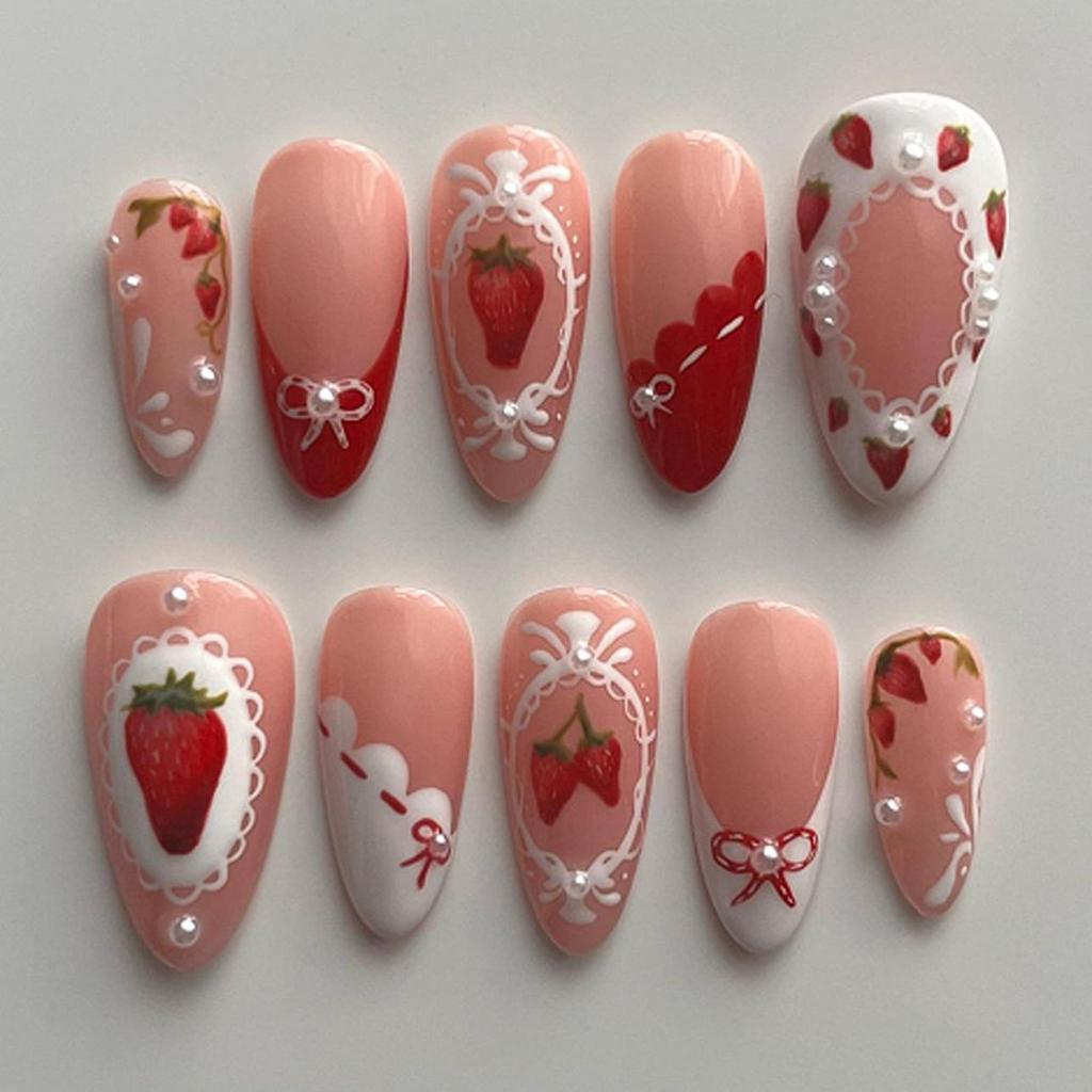 24 Stück tragbare Press-On-Nägel Erdbeer-Schleifen-Design Nagelspitzen Rot Kurz Mandel Perle Sternenlicht Falsche Nagelkunst Blume Falsche Nägel