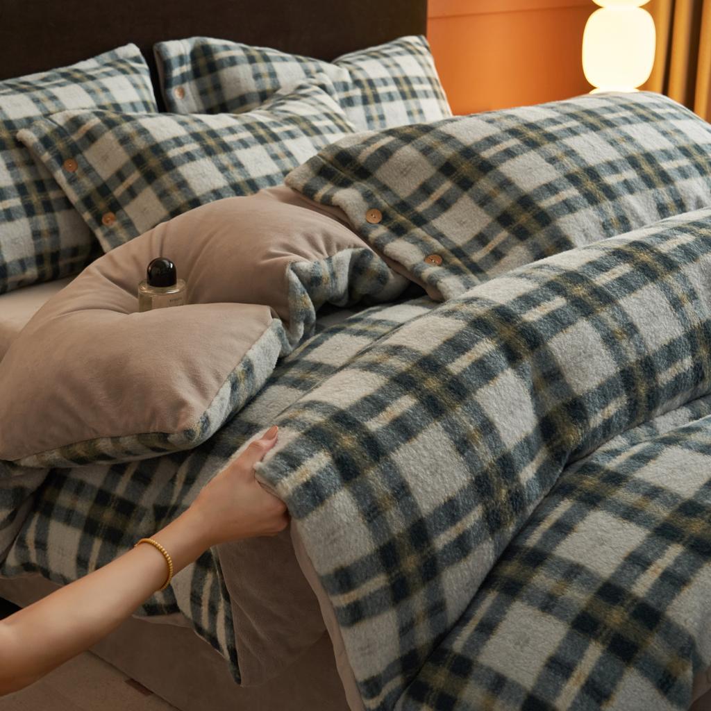Imitation Cashmere Four-Piece Set, Thickened Milk Fleece Bed Sheet, Quilt Cover, Double-Sided Coral Fleece Bed Hat, Bedding