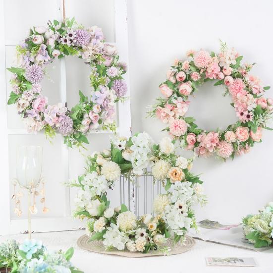 15.75" Spring Wreath Faux Peony Wreath Artificial Hydrangea Peony Flower Wreath with Green Leaves for Home Front Door Wedding Wall Decor